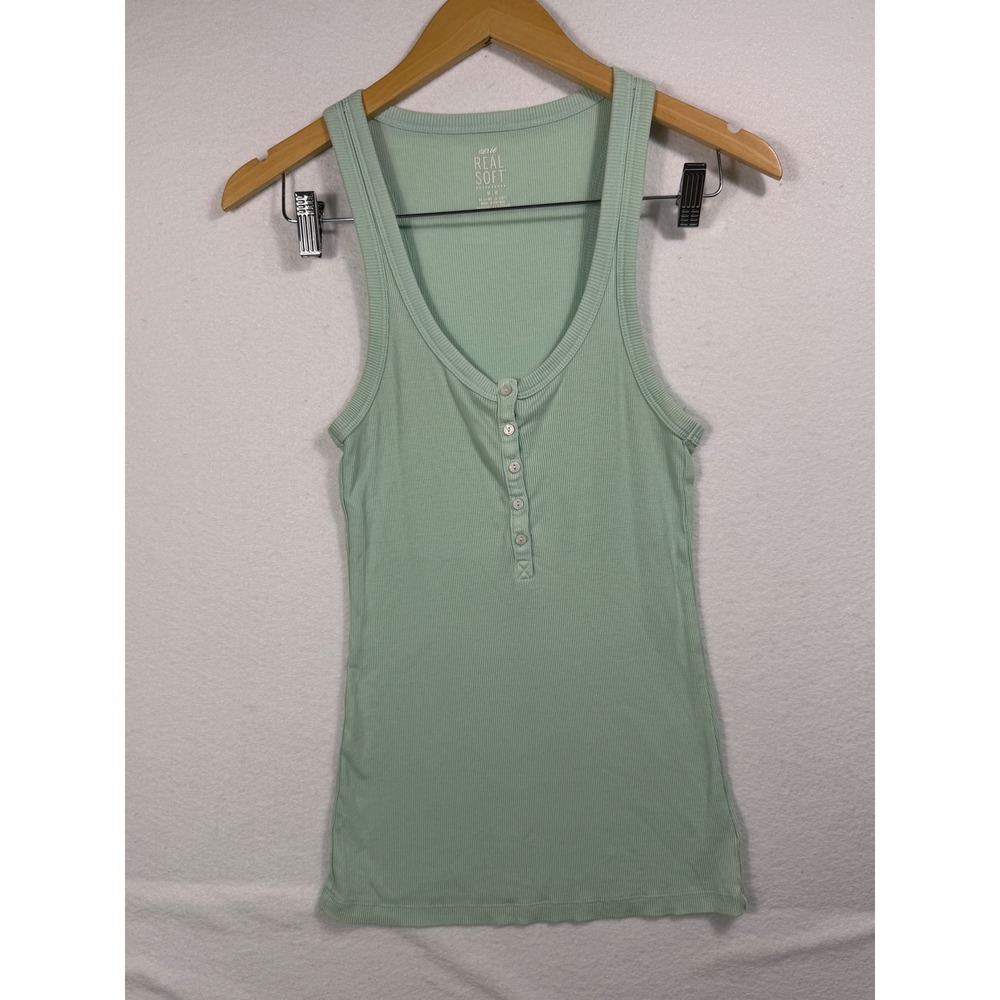 Aerie Real Soft Henley Tank Top Womens Medium Mint Green Ribbed Racerback Slim